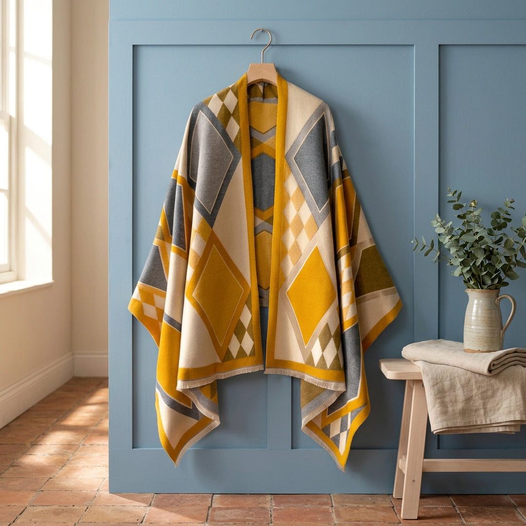 Liesel Geometric Fringed Wool Blend Shawl - Golden