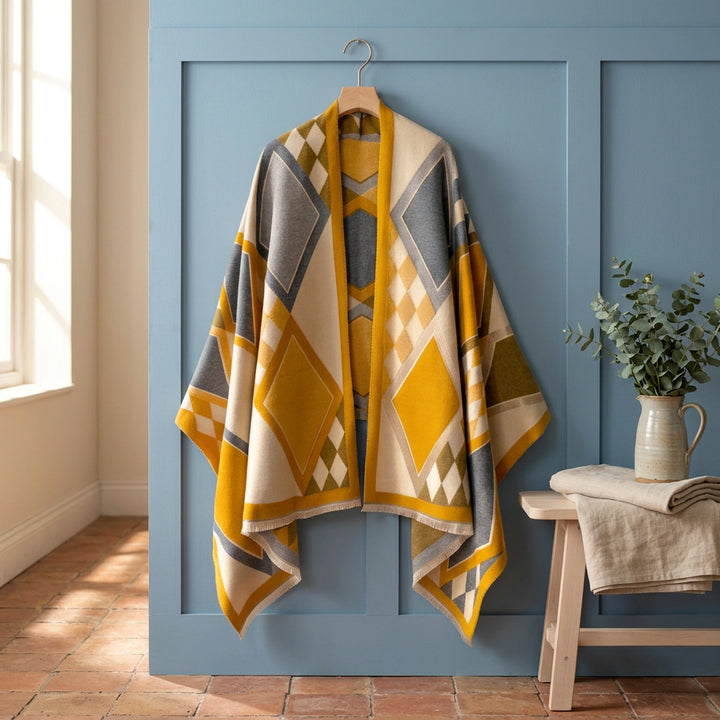 Liesel Geometric Fringed Wool Blend Shawl - Golden