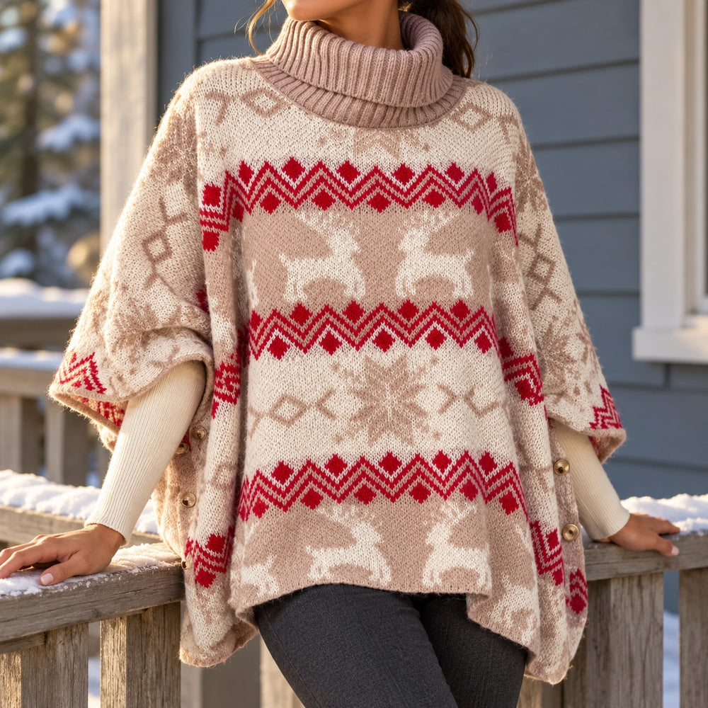 Linda Fair Isle Reindeer Poncho Sweater - Red