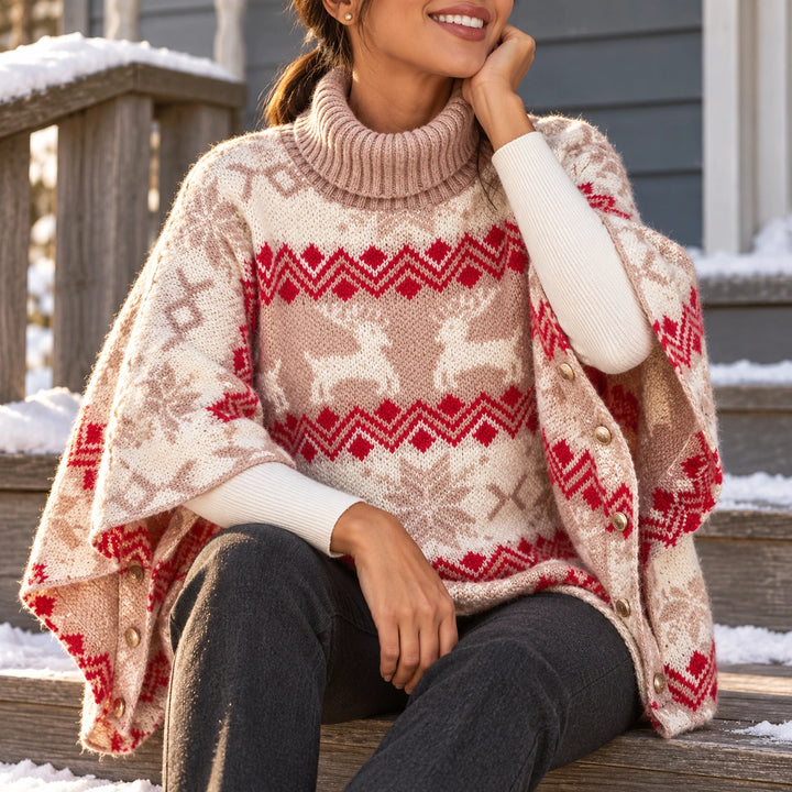 Linda Fair Isle Reindeer Poncho Sweater - Red