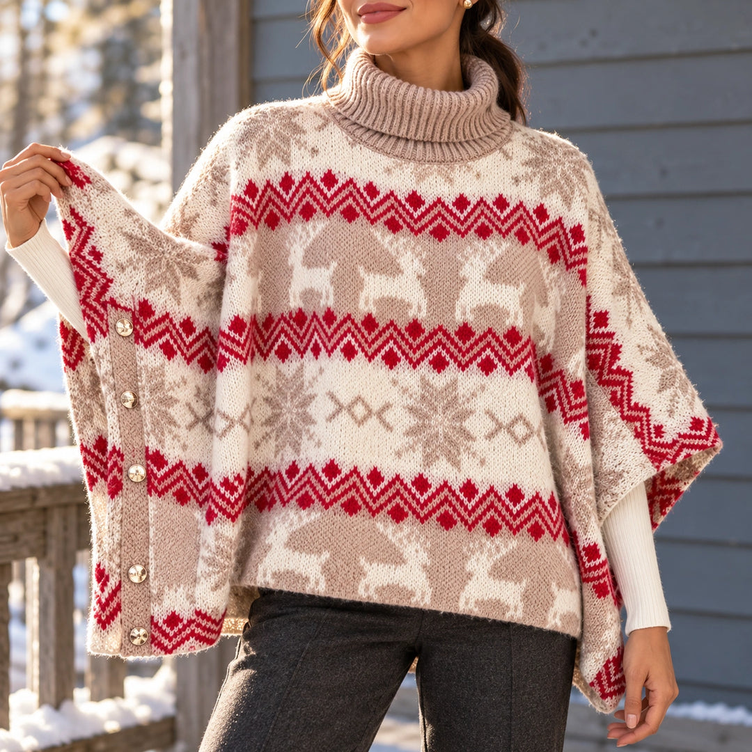 Linda Fair Isle Reindeer Poncho Sweater - Red