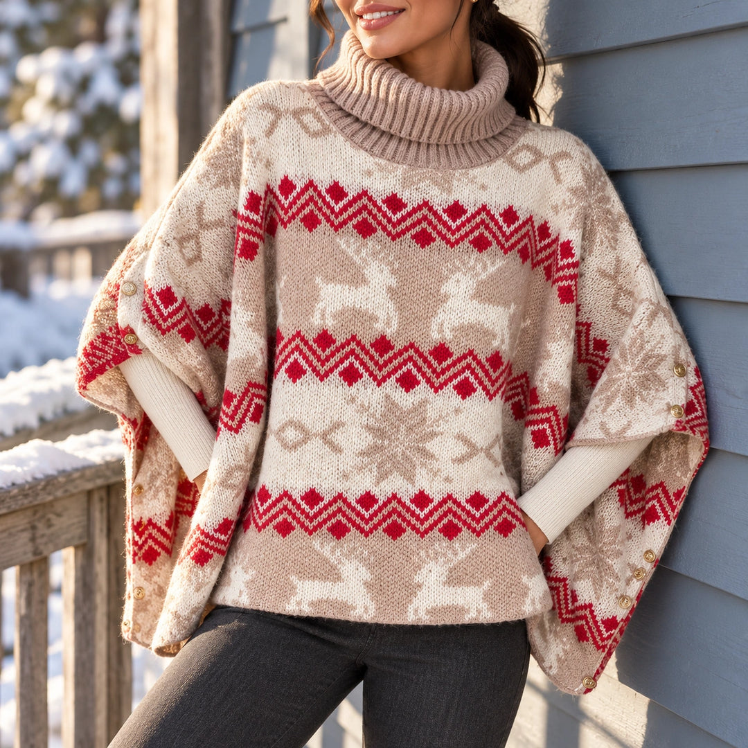 Linda Fair Isle Reindeer Poncho Sweater - Red