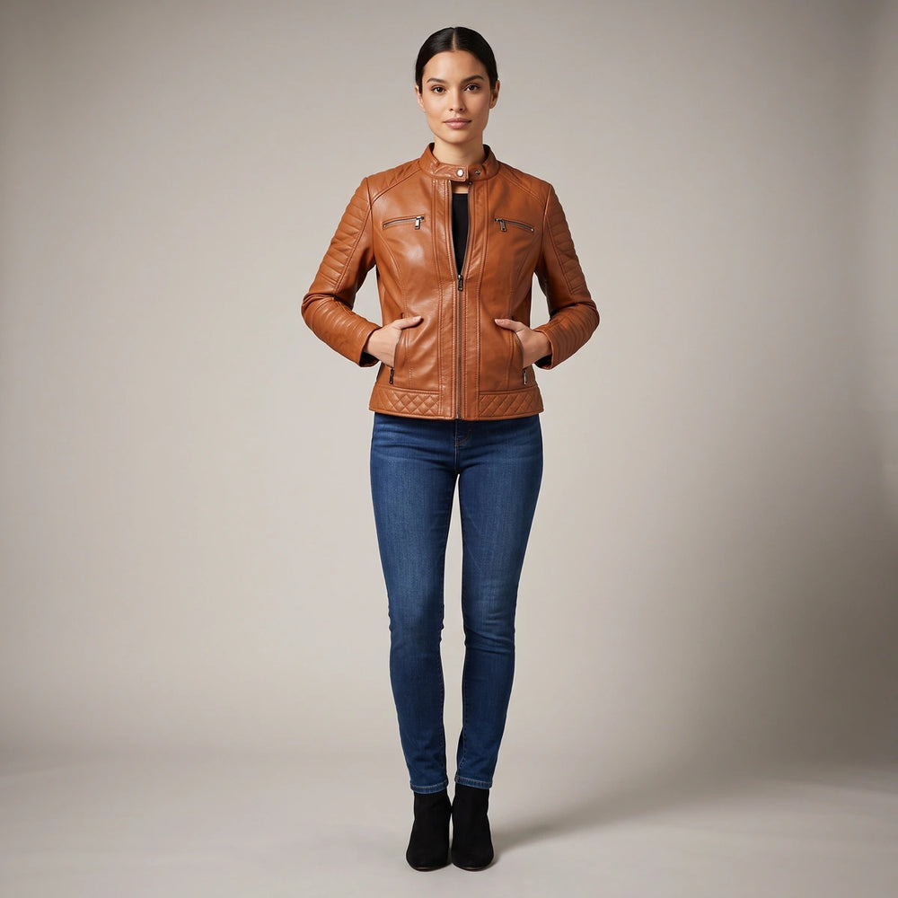Linnea Quilted Panel Moto Jacket - Brown