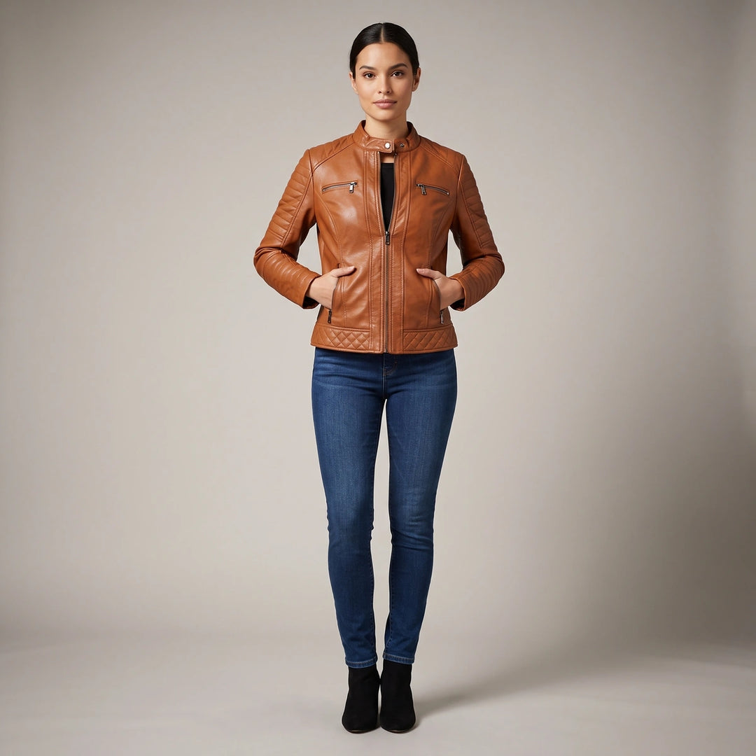 Linnea Quilted Panel Moto Jacket - Brown
