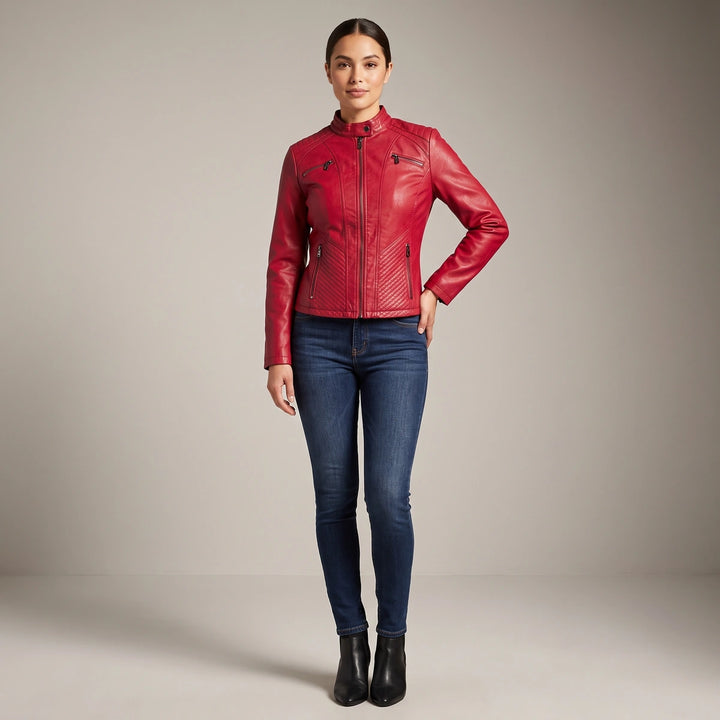 Linnea Quilted Panel Moto Jacket - Red