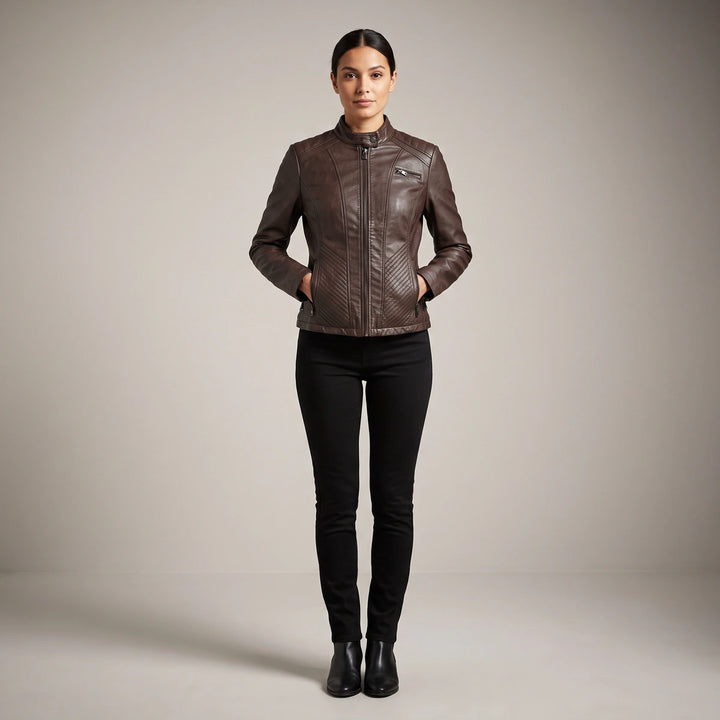Linnea Quilted Panel Moto Jacket - Dark Brown