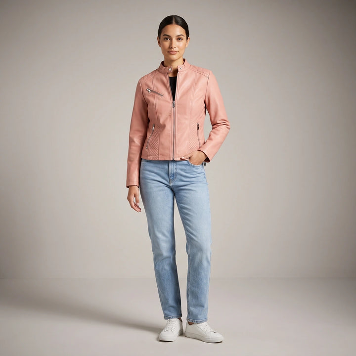 Linnea Quilted Panel Moto Jacket - Pink