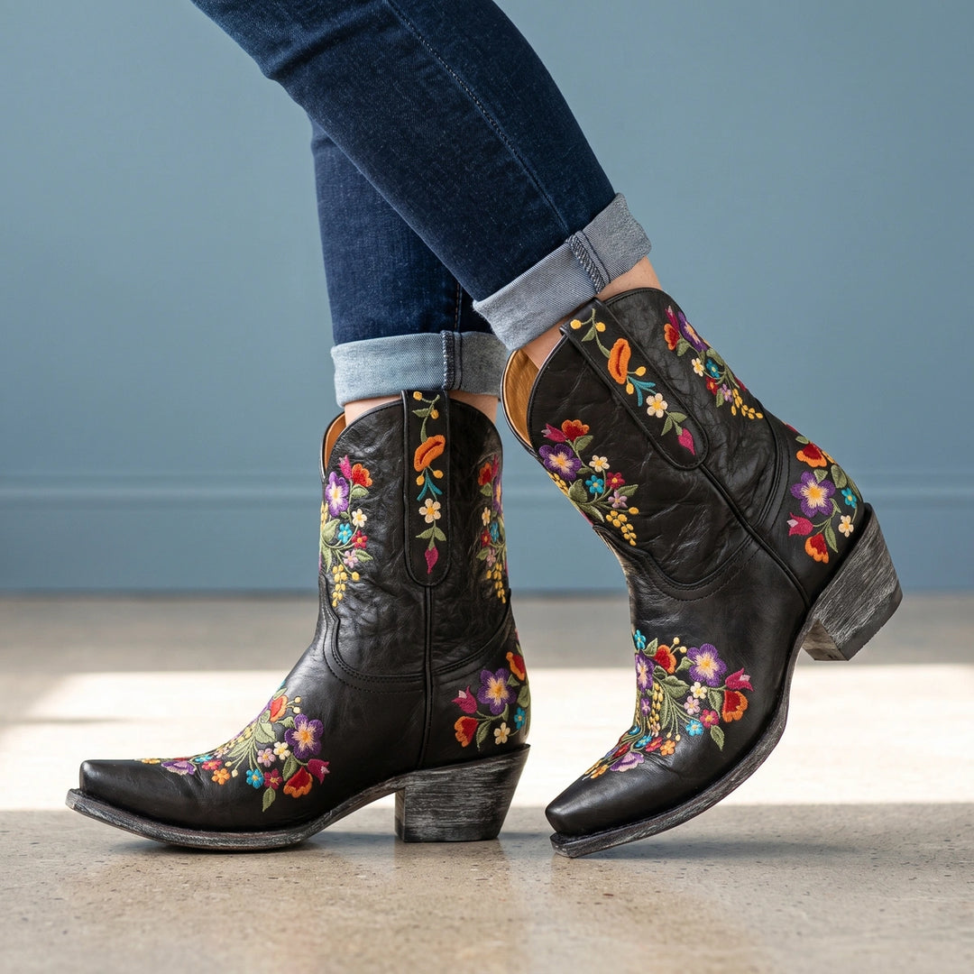 Loretta Embroidered Cowboy Boots - Black