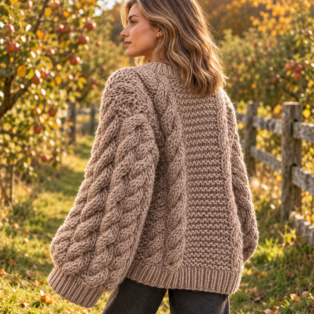 Lorna Chunky Cable Knit Balloon Sleeve Sweater - Khaki