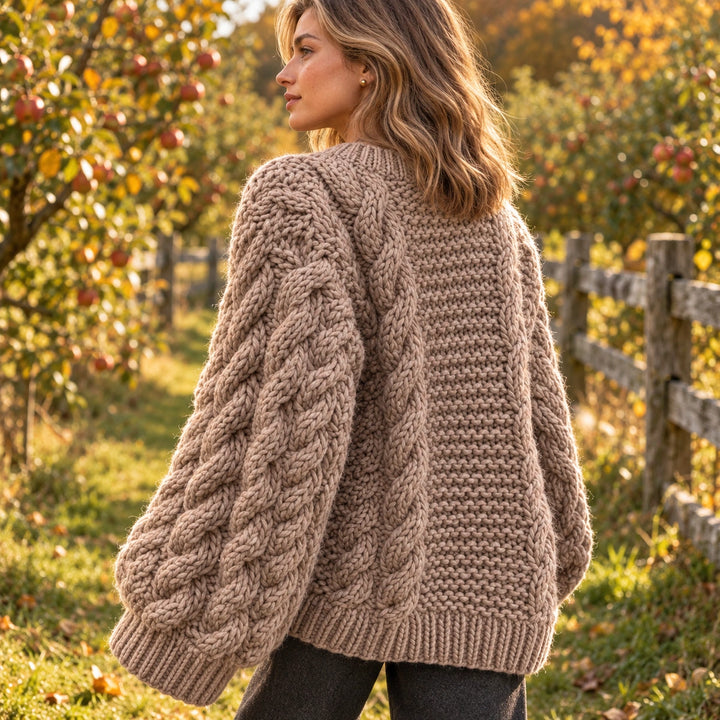 Lorna Chunky Cable Knit Balloon Sleeve Sweater - Khaki