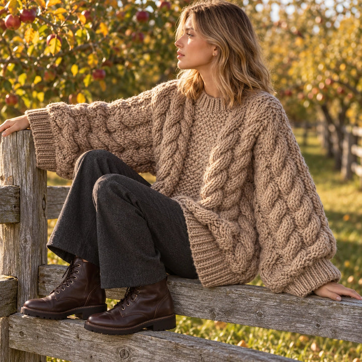 Lorna Chunky Cable Knit Balloon Sleeve Sweater - Khaki