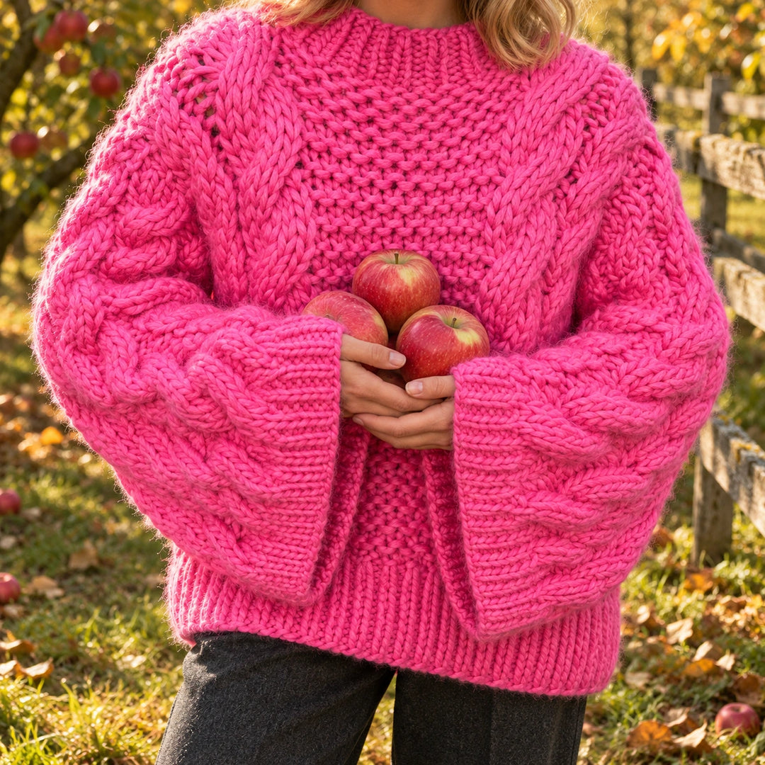 Lorna Chunky Cable Knit Balloon Sleeve Sweater - Pink