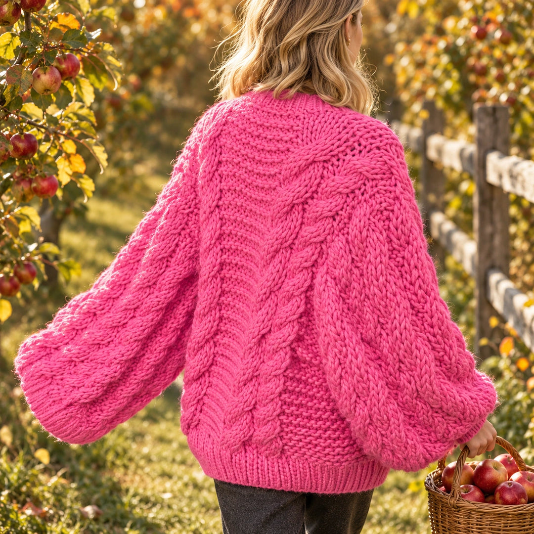 Lorna Chunky Cable Knit Balloon Sleeve Sweater - Pink