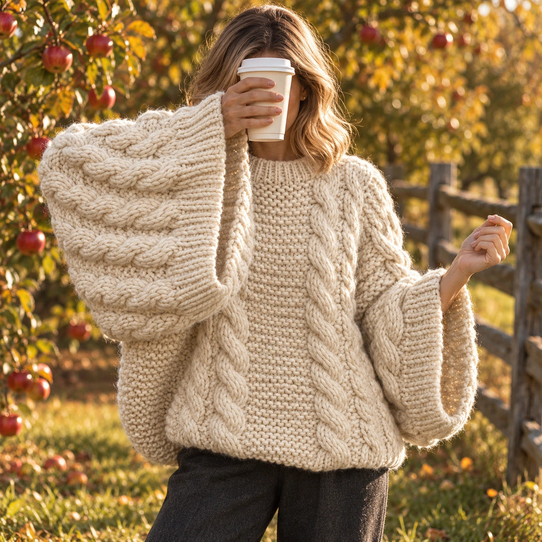 Lorna Chunky Cable Knit Balloon Sleeve Sweater - White