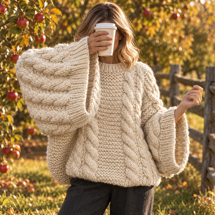 Lorna Chunky Cable Knit Balloon Sleeve Sweater - White