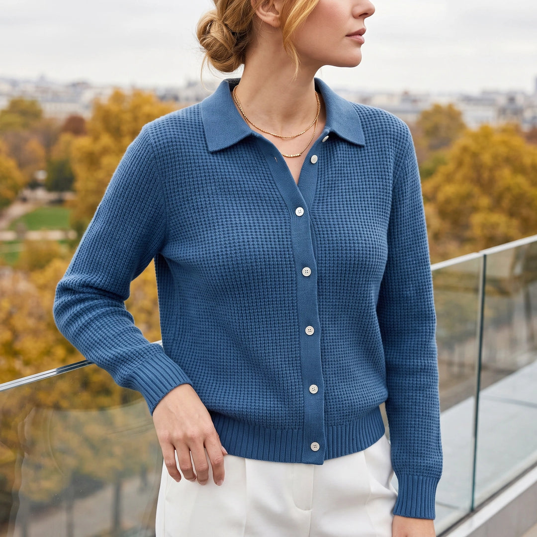 Lowenna Textured Knit Collared Button Cardigan - Dark Blue