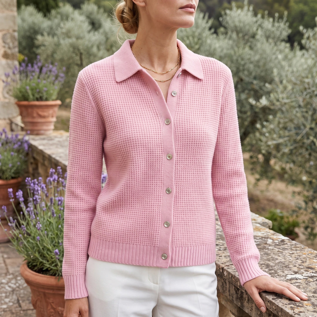 Lowenna Textured Knit Collared Button Cardigan - Pink