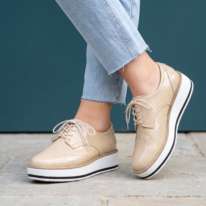 Lucasta Glossy Brogue Lace Up Platform Oxfords - Beige