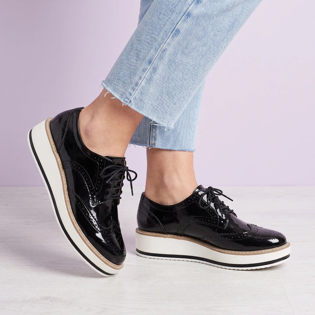 Lucasta Glossy Brogue Lace Up Platform Oxfords - Black