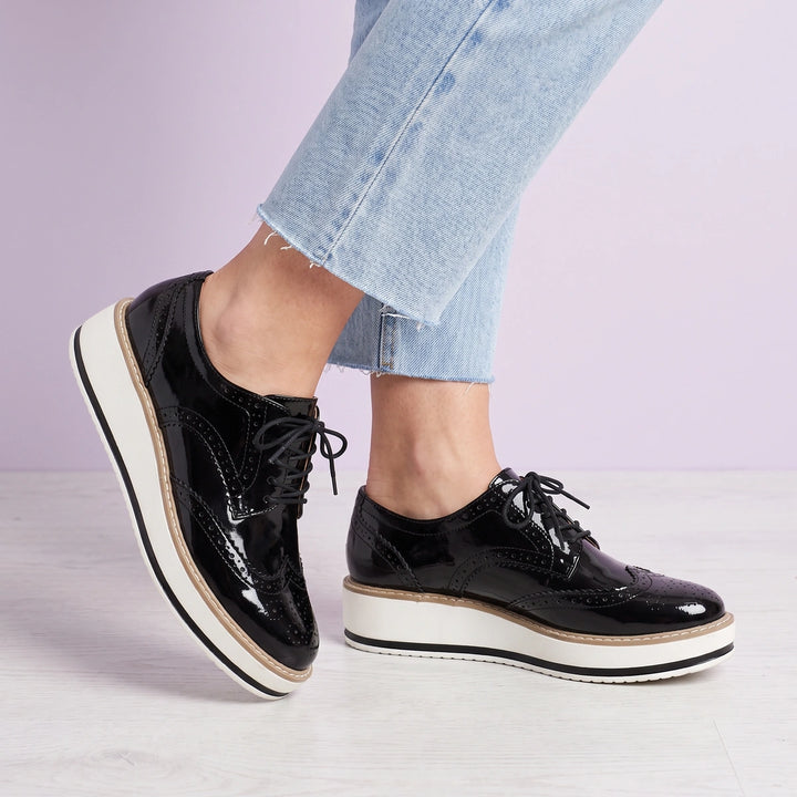 Lucasta Glossy Brogue Lace Up Platform Oxfords - Black
