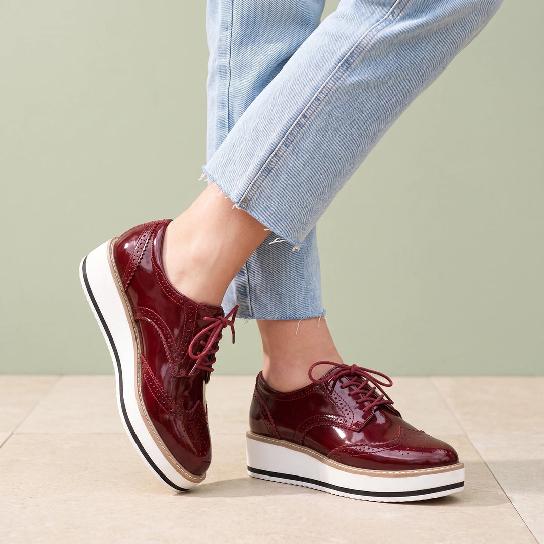 Lucasta Glossy Brogue Lace Up Platform Oxfords - Red