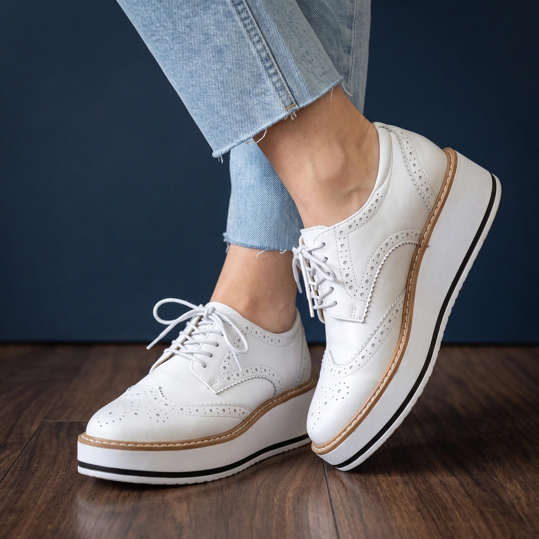 Lucasta Glossy Brogue Lace Up Platform Oxfords - White