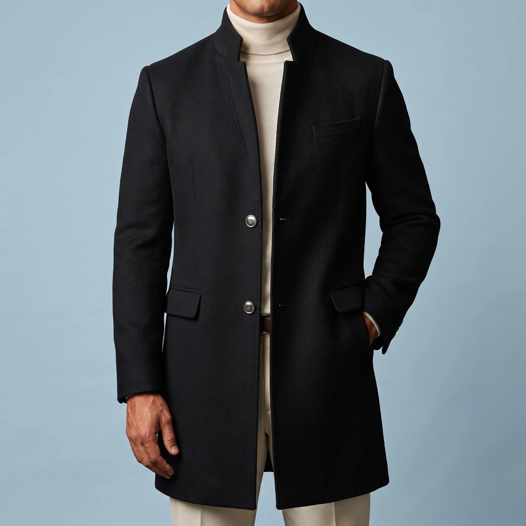Lucius Wool Mandarin Collar Coat - Black
