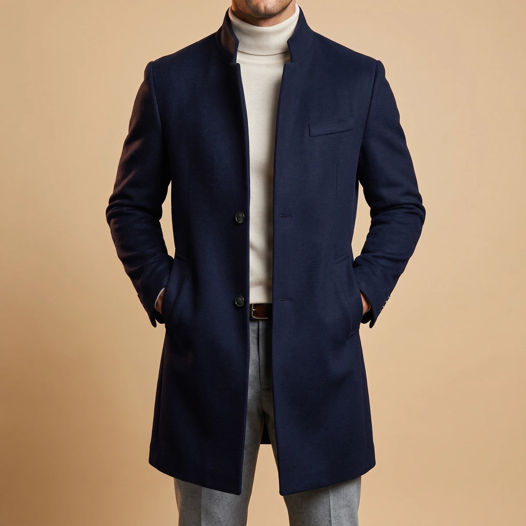 Lucius Wool Mandarin Collar Coat - Navy