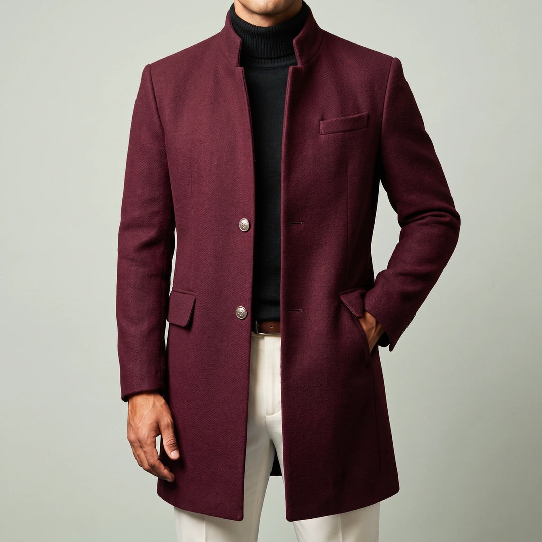 Lucius Wool Mandarin Collar Coat - Wine