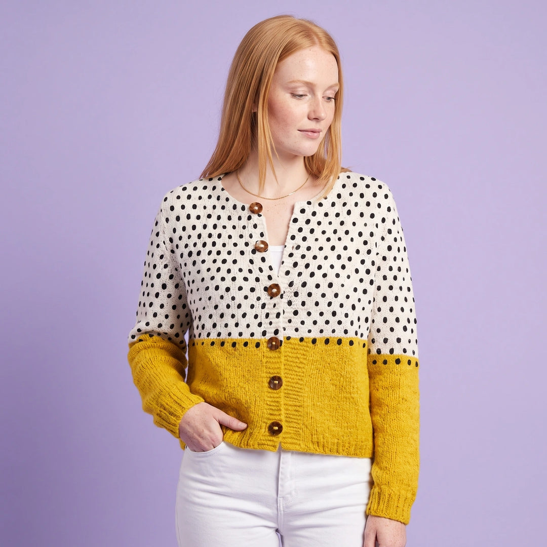 Mabel Polka Dot Colorblock Cropped Cardigan - Off White &amp; Yellow
