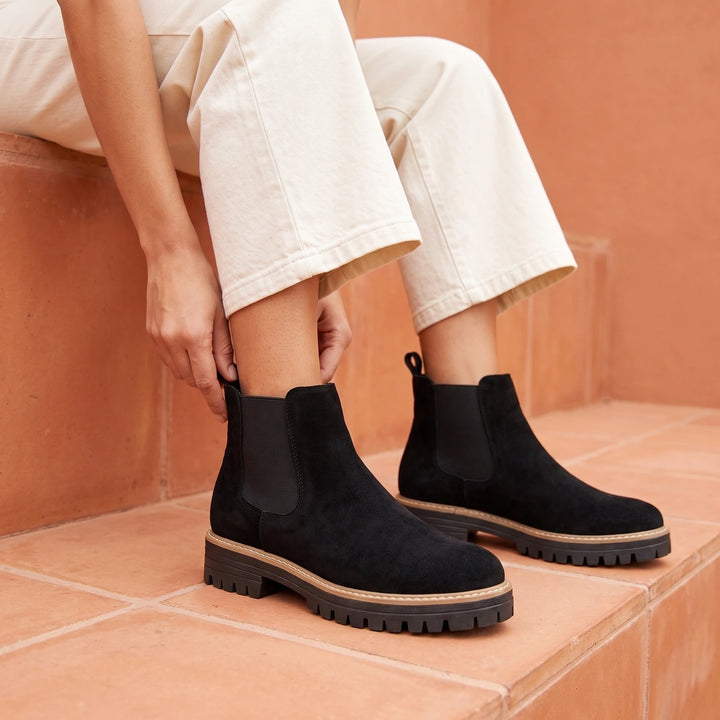 Maeve Suede Lug Sole Chelsea Boots - Black