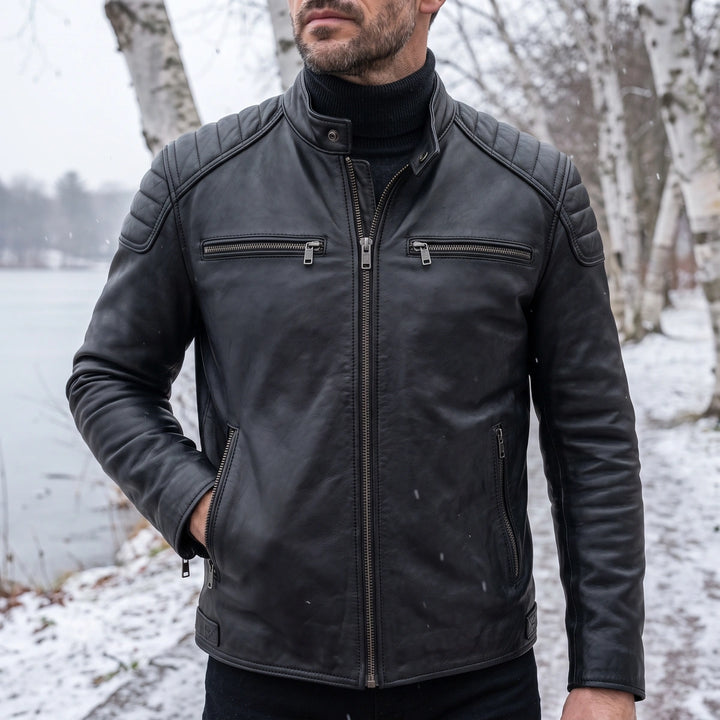Magnar Vintage Leather Quilted Yoke Biker Jacket - Black