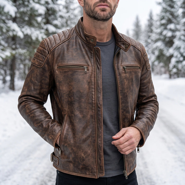 Magnar Vintage Leather Quilted Yoke Biker Jacket - Brown
