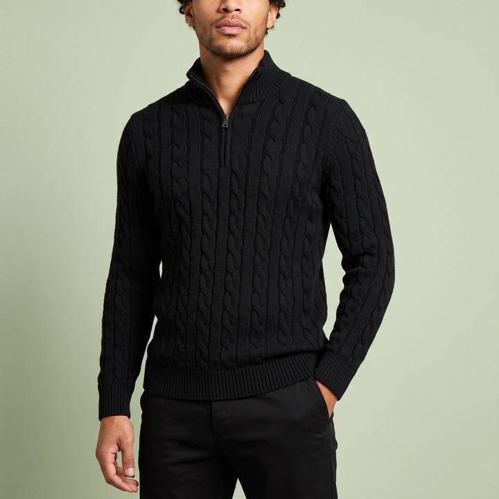 Malachi Cable Knit Half Zip Sweater - Black