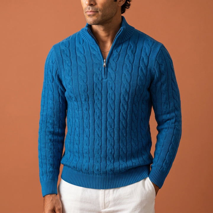 Malachi Cable Knit Half Zip Sweater - Blue