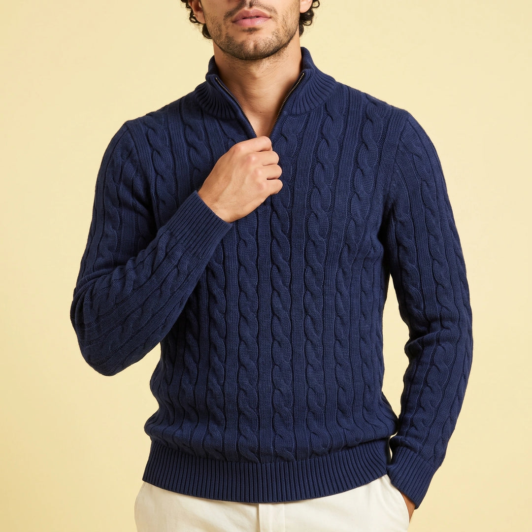 Malachi Cable Knit Half Zip Sweater - Navy