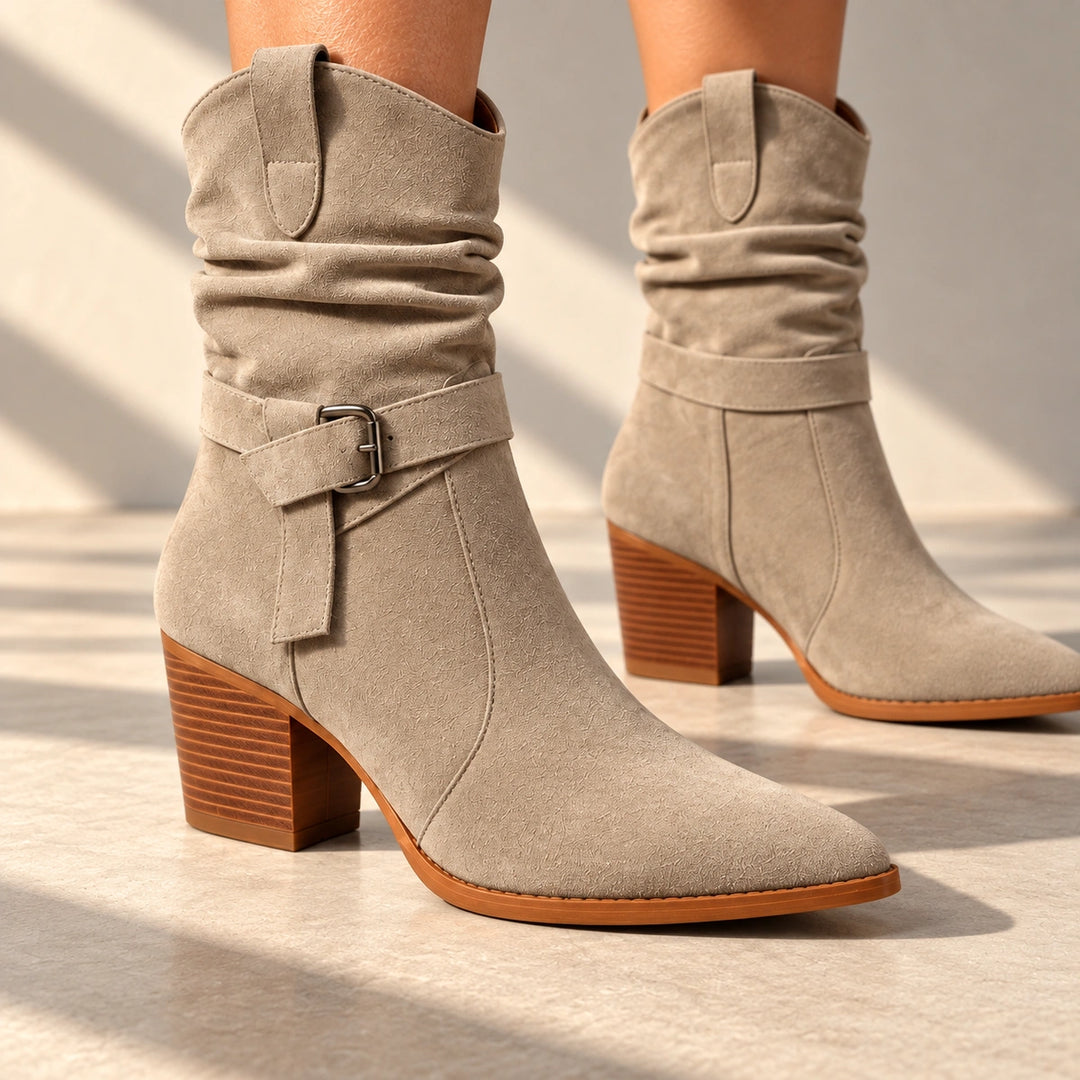 Mallory Ruched Buckle Western Mid-Calf Boots - Beige