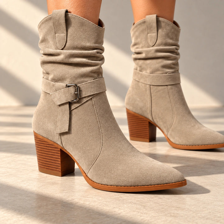 Mallory Ruched Buckle Western Mid-Calf Boots - Beige