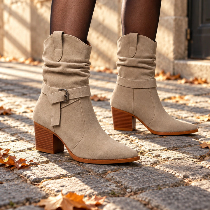 Mallory Ruched Buckle Western Mid-Calf Boots - Beige