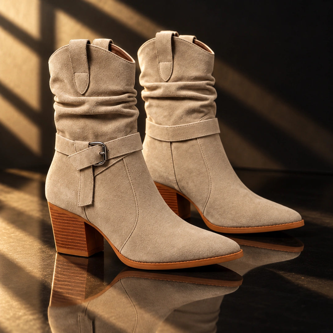 Mallory Ruched Buckle Western Mid-Calf Boots - Beige