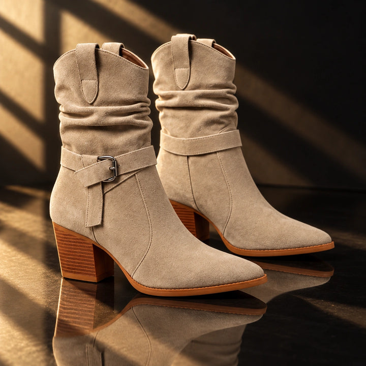 Mallory Ruched Buckle Western Mid-Calf Boots - Beige