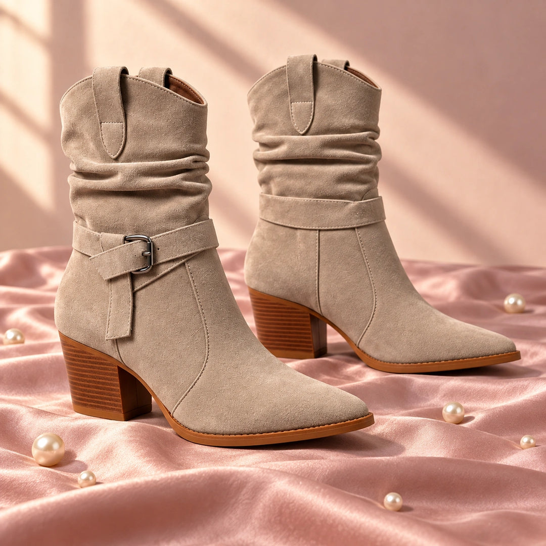 Mallory Ruched Buckle Western Mid-Calf Boots - Beige