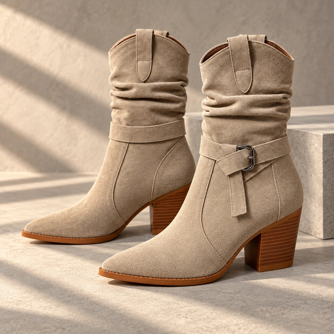 Mallory Ruched Buckle Western Mid-Calf Boots - Beige