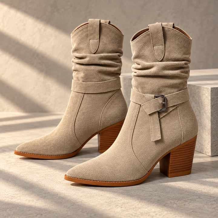 Mallory Ruched Buckle Western Mid-Calf Boots - Beige