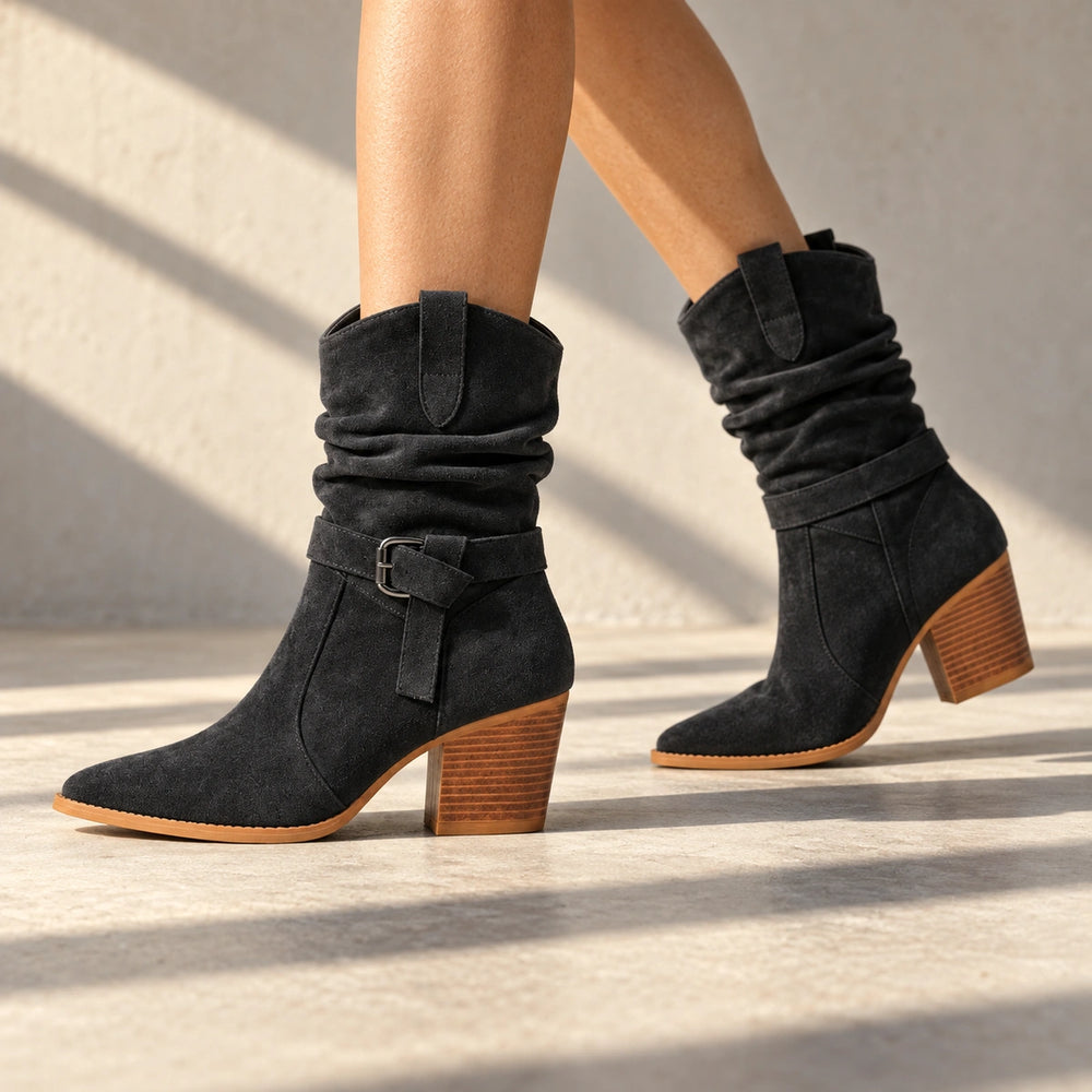 Mallory Ruched Buckle Western Mid-Calf Boots - Charcoal