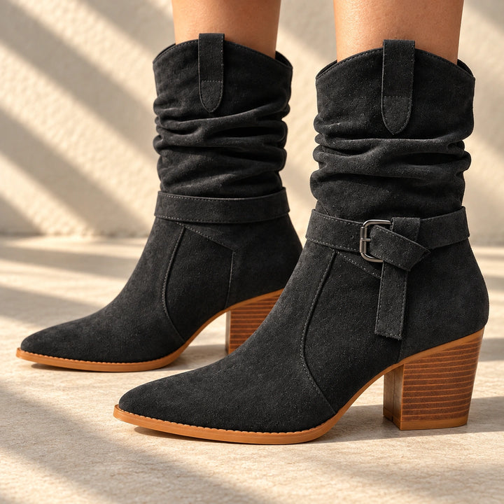 Mallory Ruched Buckle Western Mid-Calf Boots - Charcoal