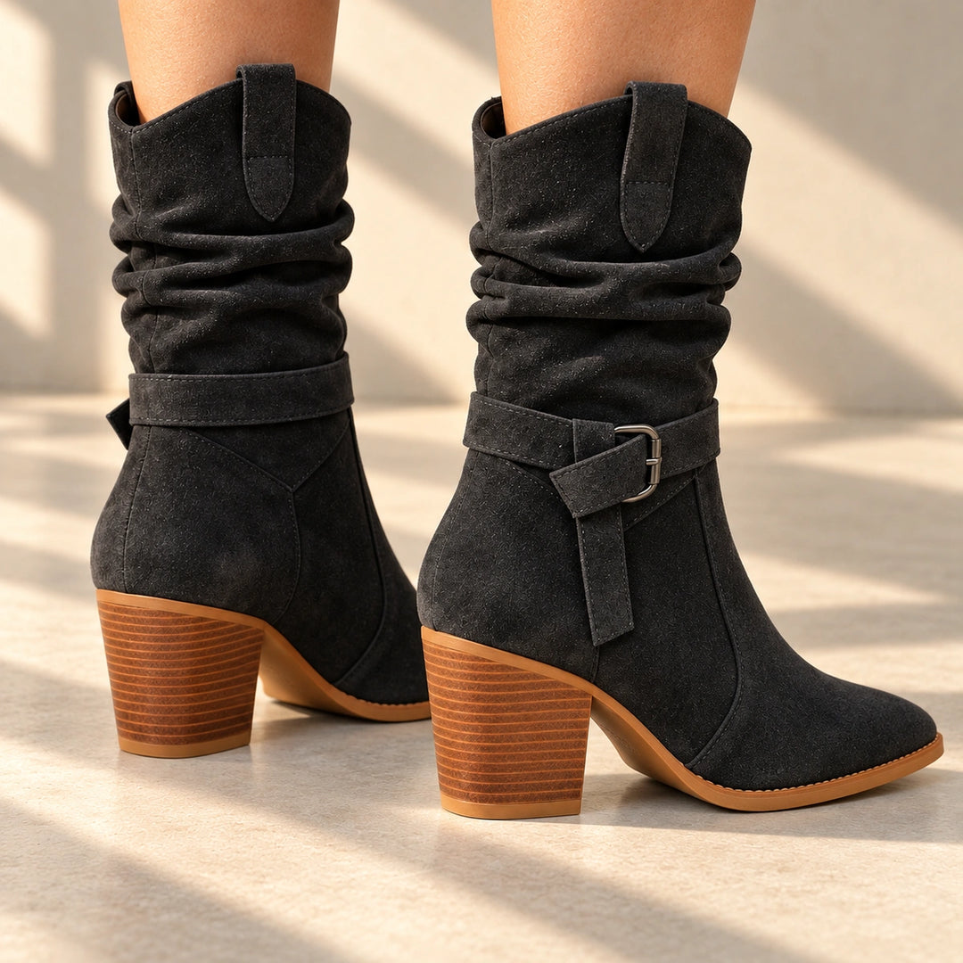 Mallory Ruched Buckle Western Mid-Calf Boots - Charcoal