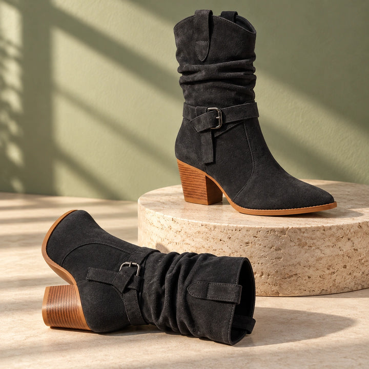 Mallory Ruched Buckle Western Mid-Calf Boots - Charcoal