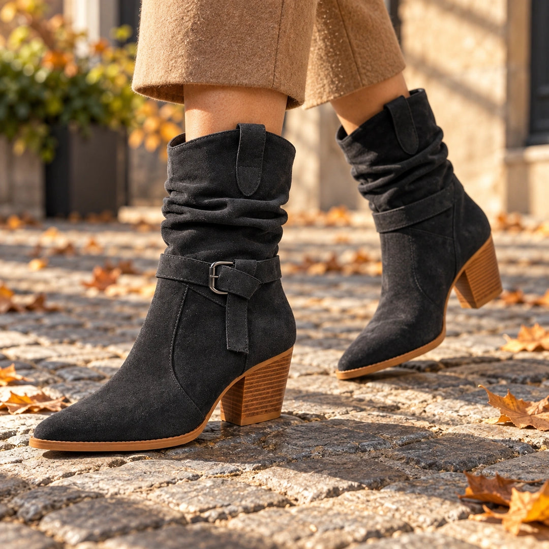 Mallory Ruched Buckle Western Mid-Calf Boots - Charcoal