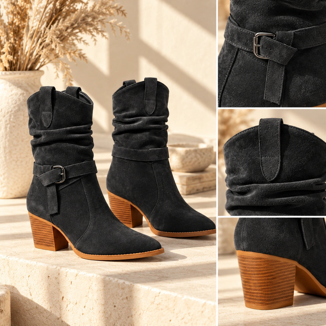 Mallory Ruched Buckle Western Mid-Calf Boots - Charcoal